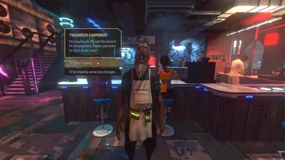 Dialogue UI open while talking to an NPC behind a bar counter in Nivalis Nights