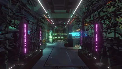 A corridor lined with planters and neon signs inside a Nivalis building