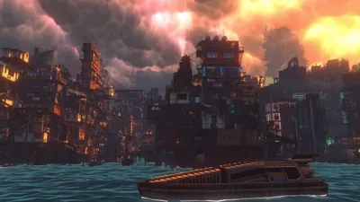 The flooded lower city of Nivalis at sunset, viewed from a boat