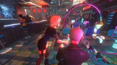 A waitress serving customers at a neon-lit diner counter in Nivalis Nights