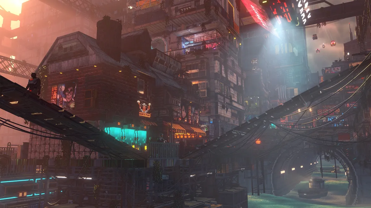 Elevated catwalks over the flooded lower city of Nivalis — the streets below the neon, the pressure your home is the counterweight to (official screenshot)