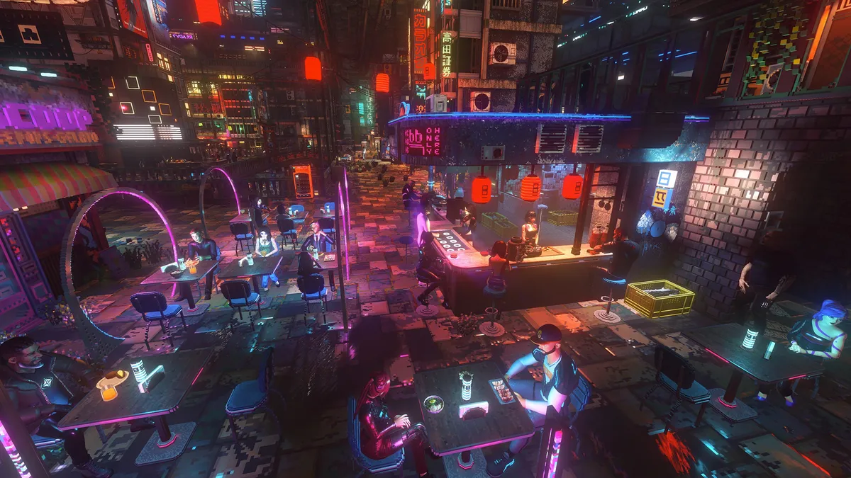 The long game of a Nivalis Nights business: a full restaurant floor with counter, cook, and diners at every table (official screenshot)