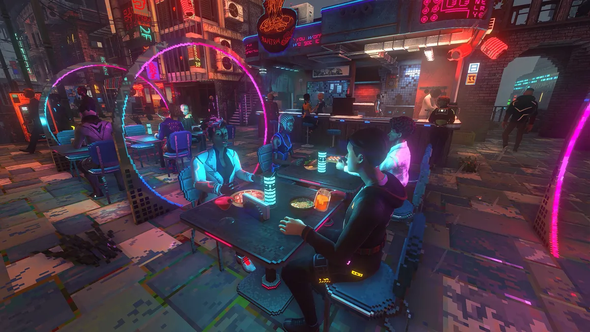 Two customers sharing a meal at a lantern-lit restaurant table — the regulars a distinctive menu builds (official screenshot)