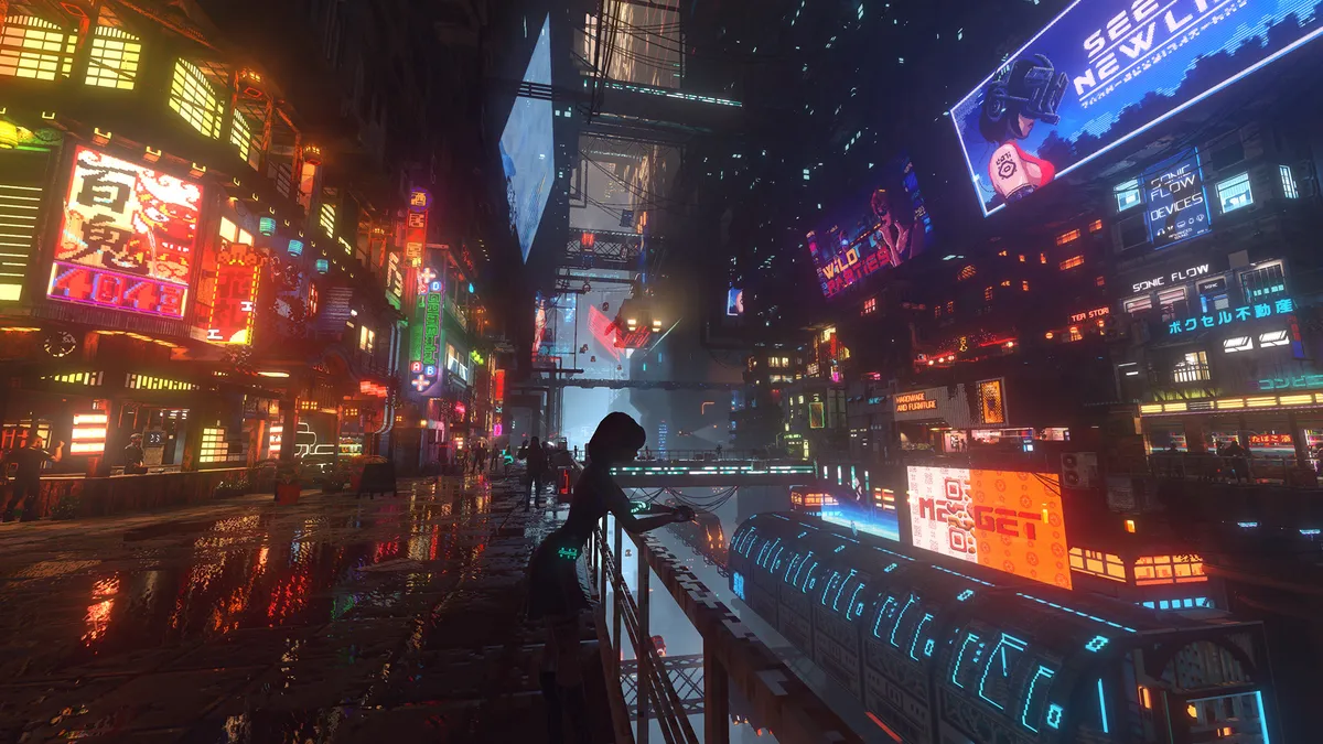 A lone figure on a rooftop overlooking the neon sprawl of Nivalis — the voxel-neon skyline both games share (official screenshot)